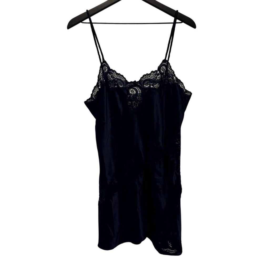 Victoria's Secret Women's vtg Navy Blue Lace Spaghetti Slip Dress Large gold tag